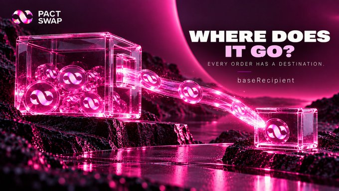 A pink-themed digital advertisement for 'PACT SWAP' features translucent cubes filled with coin icons and text reading 'WHERE DOES IT GO? EVERY ORDER HAS A DESTINATION. baseRecipient'.