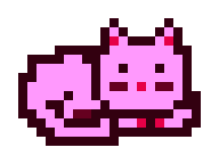 A pink pixel art illustration of a cat with red ears, a red nose, and a red tongue sticking out, curled up in a resting pose.