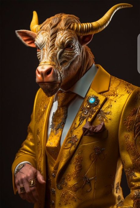 The image features a man dressed up as a bull suit, complete with a gold suit jacket, tie, gloves, and horns that give him an intimidating appearance. This bull suit has been altered into a funny costume by attaching fake horns and ears to his face. The man is standing upright in the center of the frame, drawing attention to himself. There's also a link to a post on social media that says "the $Bull is still cheap you don' know when he' s gonna skyrocket go and take position". This text suggests that there might be more to this clown-like figure than meets the eye, possibly waiting for something or someone at some unknown time.