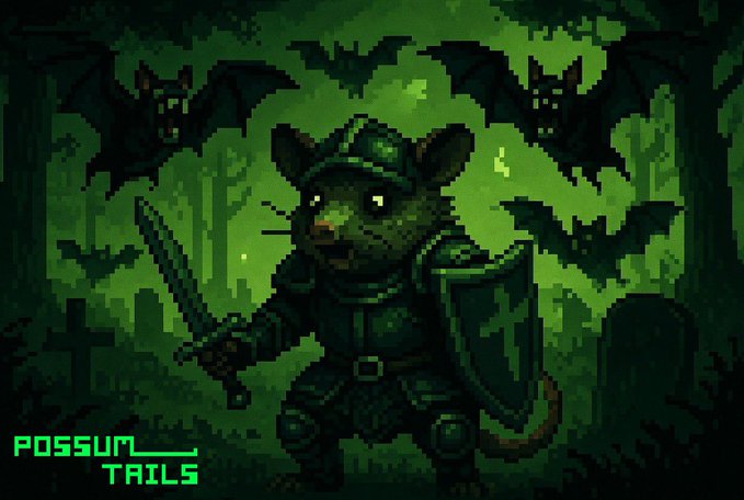 Pixel art of a possum knight in armor wielding a sword and shield, surrounded by bats in a green-tinted graveyard, with "POSSUM TAILS" text and the handle "@xrppossum" promoting the creator's social media persona.