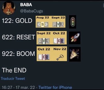 This image displays a Twitter post by @BabaCugs, breaking down numbered "events" like "GOLD," "RESET," and "BOOM" with associated dates in 2022 and symbolic emojis. The post seems to be a coded prediction related to the accompanying text about XRP.
