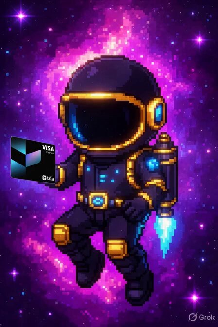 The image features an illustration of a space suit-wearing astronaut holding a Visa card, surrounded by stars and planets. The artist has used a pixel art style for this digital artwork. The caption below the image reads "GM X Fam... welcomed this morning by focusing full attention on the @useTria ecosystem movement. Their free virtual card feature has truly changed the way I manage my digital assets for everyday transactions".