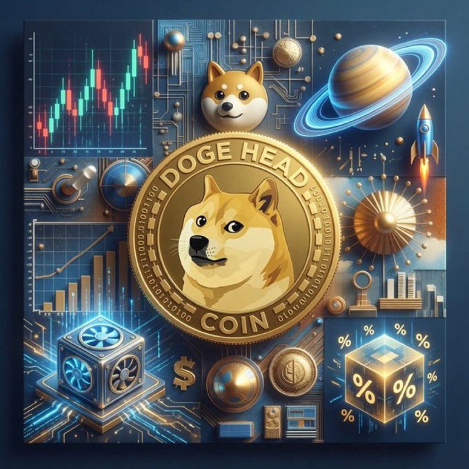 A stylized digital artwork featuring a large gold 'DOGE HEAD COIN' at the center, surrounded by cryptocurrency-related imagery including stock charts, circuit boards, a Saturn-like planet, a rocket, and a Shiba Inu dog.