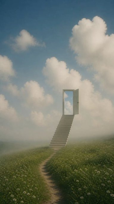 A surreal digital artwork showing a stone staircase leading up to an open white door floating in a cloudy blue sky, with a dirt path winding through a grassy field of white flowers below.