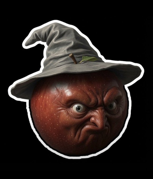 A sticker-style image of an angry, wrinkled red apple with a human-like grumpy face wearing a crooked gray witch hat, set against a black background—used as a meme poking fun at AI-generated "Applesauce intelligence" and tribal stock sentiment around $TBB.