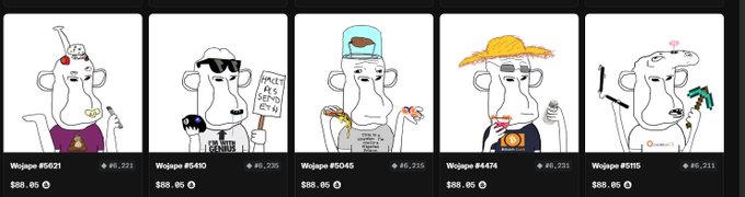 Five cartoon-style NFTs of a dog character with various hats and accessories are displayed, each priced at 88.85 ETH with wojape numbers ranging from #5621 to #5115.
