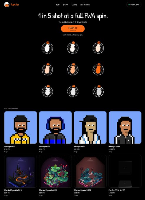 The website 'budz.fun' shows a '1 in 5 shot at a full FWA spin' promotion for CryptoPunks, with 9 spinning token icons and pixel art characters listed below.