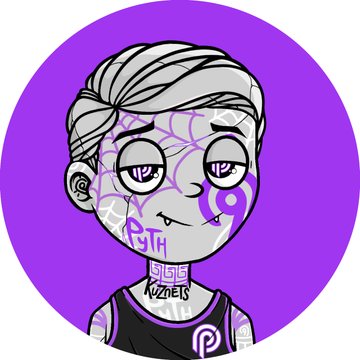 The image features a cartoon character with purple hair, tattoos, and piercings wearing a black tank top. The character has a serious expression as they look directly at the camera. The background of the image is a solid purple color, which contrasts with the white circle that contains the character's face. There are no other objects or text in the image besides the cartoon character and the white circle.