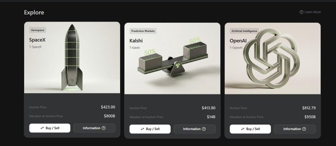 An 'Explore' dashboard displaying investment opportunities in SpaceX ($423.00), Kalshi ($413.80), and OpenAI ($812.79), showing 'Valuation at Auction Price' for each.