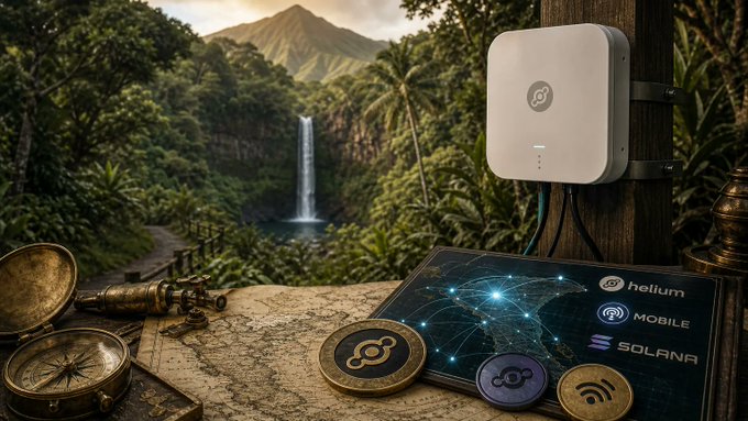 A Helium mobile hotspot is mounted on a wooden post overlooking Waimea Valley's lush waterfall and mountain landscape, with branding for Helium, Solana, and a network coverage map displayed alongside a vintage compass on a stone surface. The image visually reinforces the post's message about Helium's decentralized wireless network bringing mobile coverage to a remote Hawaiian conservation area previously ignored by traditional carriers.