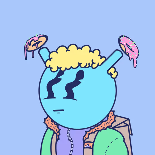 The image features a blue alien figure with yellow hair, standing against a purple background. The figure appears to be wearing a jacket and has sunglasses on its head. It is holding two donuts with frosting, one pink and the other with icing. There are also some text elements in the image related to "sol jpegs being underpriced."