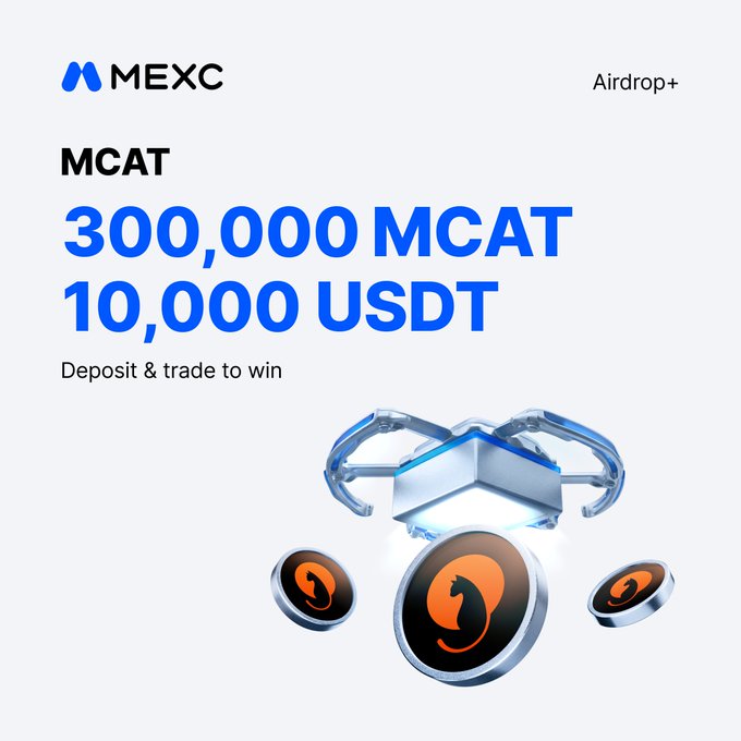 The image is a promotional banner for MEXC's Airdrop+ event featuring $MCAT (MarsCat_Global), highlighting a prize pool of 300,000 MCAT and 10,000 USDT for users who deposit and trade, alongside three 3D-rendered coins displaying the MarsCat orange feline logo.