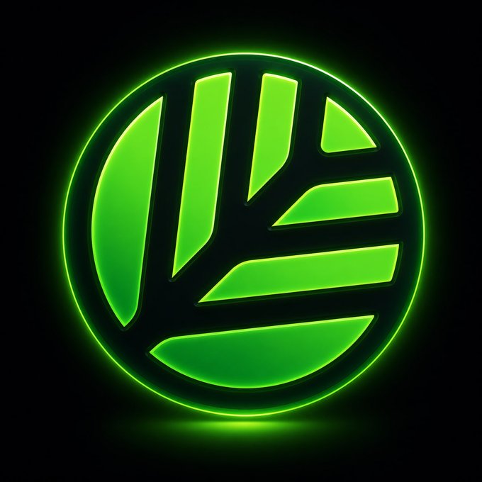 A glowing green circular logo featuring a stylized geometric design, possibly representing a brand or cryptocurrency.