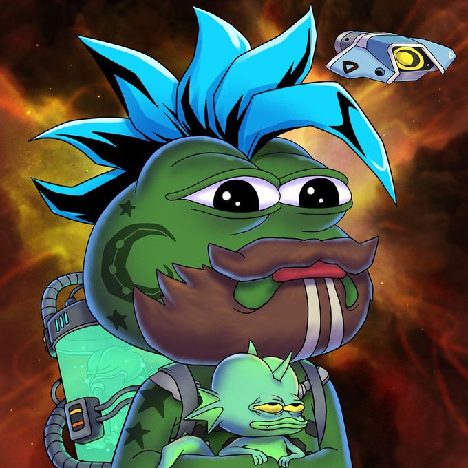A green-skinned cartoon character with spiky blue hair and a beard holds a small green lizard-like creature while wearing a futuristic green tank backpack, with a spaceship hovering above against a fiery space backdrop. The post's reference to @PepeExplorers aligns with the space-explorer theme and Pepe-style green aesthetic of the artwork, fitting the "GM" (good morning) Sunday greeting vibe.