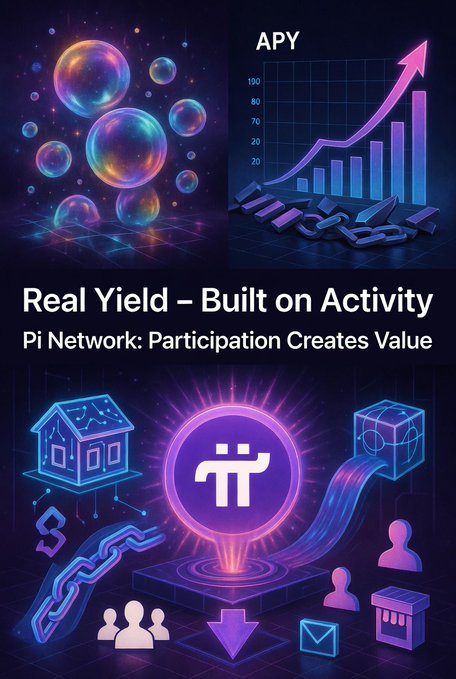 A Pi Network promotional graphic with the text 'Real Yield - Built on Activity' and 'Pi Network: Participation Creates Value', featuring colorful iridescent bubbles and an APY growth chart.