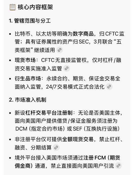 The image displays a Chinese-language document outlining the core content framework of the CFTC's proposed crypto regulations, divided into two sections: "Jurisdiction Scope and Division of Labor" (1) and "Market Access Mechanism" (2). It details that CFTC will oversee crypto as digital commodities while SEC retains authority over securities, and establishes that derivatives markets like perpetual contracts and futures will fall under CFTC oversight with 24/7 trading legalized, alongside new registration requirements for leveraged trading platforms serving US users as DCM or SEF.