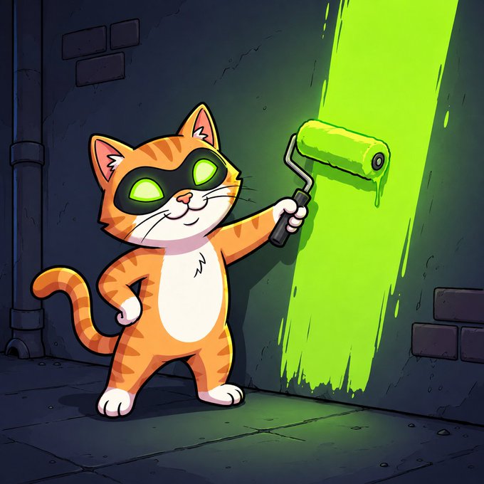 A cartoon orange tabby cat wearing a green glowing eye mask paints a wall with bright green paint using a paint roller.