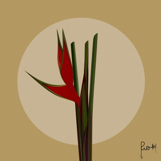 Stylized illustration of a red flower with green leaves and stem, set against a pale circle on a golden-tan background, signed 'Roth' in the lower right corner.