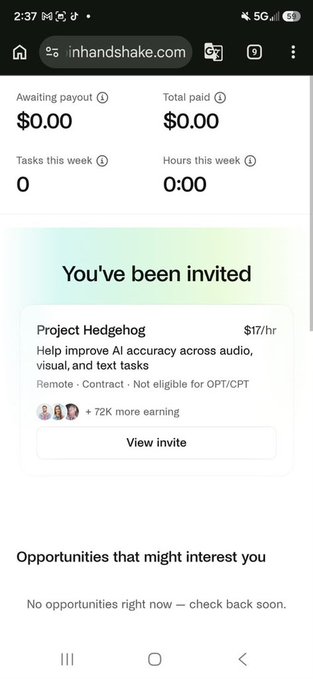 A mobile screenshot of the inhandshake.com website showing an invitation to 'Project Hedgehog' paying $17/hr to help improve AI accuracy across audio, visual, and text tasks, with $0.00 awaiting payout and total paid.