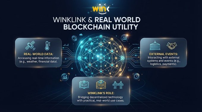 An infographic titled 'WINKLINK & REAL WORLD BLOCKCHAIN UTILITY' explaining how WinkLink provides real-world data, external events, and bridges decentralized technology with practical use cases.
