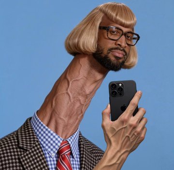 A surreal digital illustration of a man with an elongated neck wearing a blonde bob wig, glasses, and a checkered suit with a tie, taking a selfie with a smartphone against a blue background.