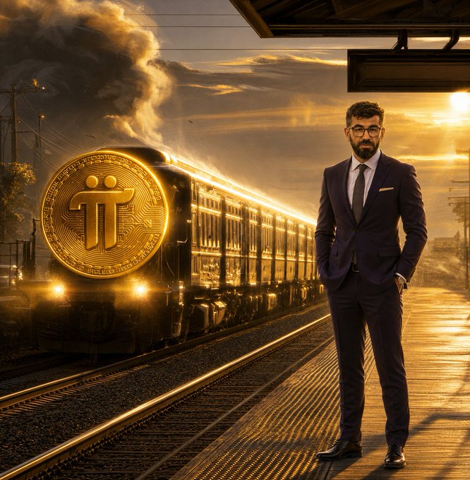 A well-dressed man with glasses stands on a sunlit train platform beside an arriving locomotive, with a large golden Pi Network (π) coin overlaid in the foreground. The image visually reinforces the caption's message that as technology and progress advance, Pi cryptocurrency is positioned to move forward with the future.