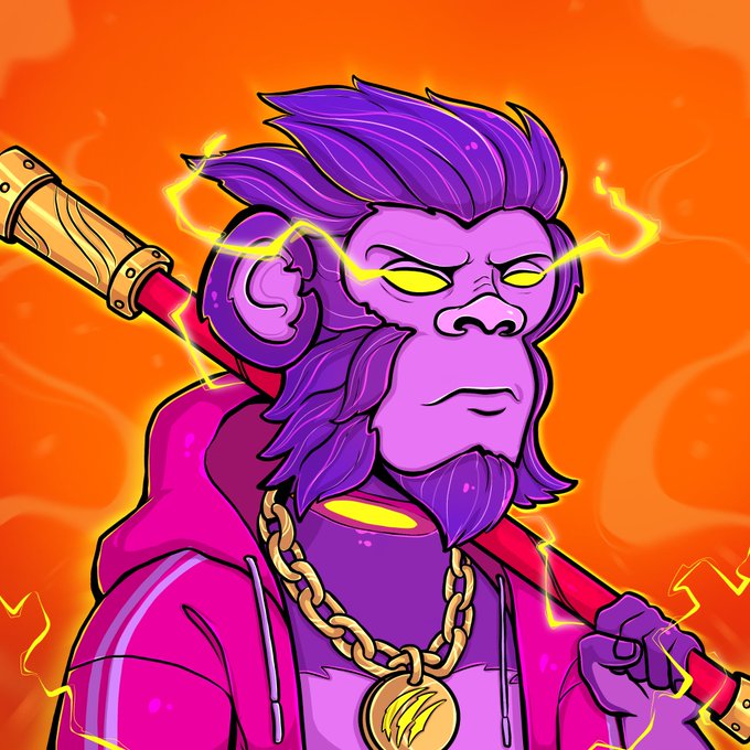 A vibrant cartoon character with purple fur, a purple mane, glowing yellow eyes, a gold chain, and a pink hoodie holds a staff against an orange background.