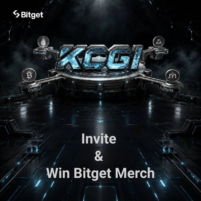 A promotional image for Bitget's "Invite & Win Bitget Merch" campaign features a futuristic, high-tech 3D "KCGI" arena podium surrounded by category icons (Crypto, Stocks, Metals, Commodity), with the Bitget logo in the corner and the contest tagline displayed prominently below. The cinematic sci-fi design of the KCGI arena visually reinforces the post's invitation to tag favorite creators and encourage them to join the KCGI 2026 competition.