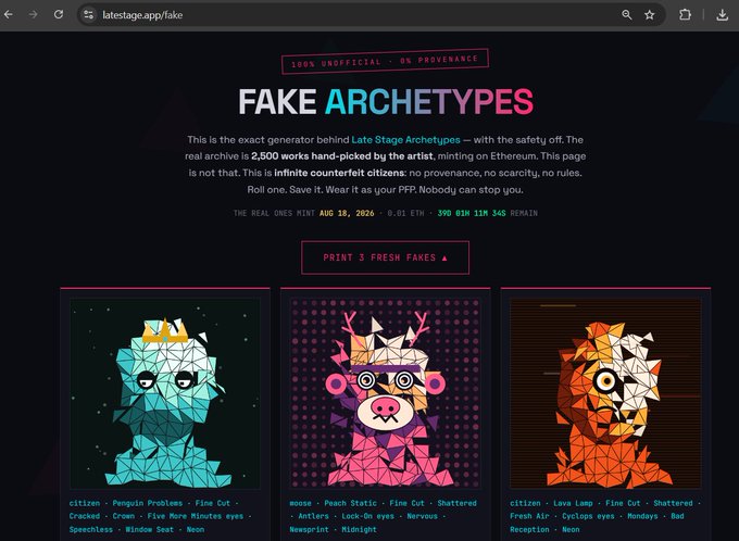 A website screenshot for 'FAKE ARCHETYPES' at latestage.app/fake, displaying three polygonal animal NFT cards: a penguin labeled 'citizen · Penguin Problems', a moose labeled 'moose · Peach Static', and a lion labeled 'citizen · Lava Lamp'.