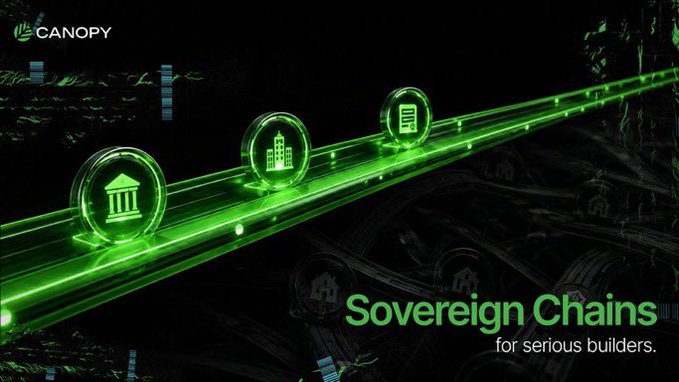The image features a futuristic green neon highway design with three glowing icons depicting a government building, cityscape, and document, accompanied by the "CANOPY" logo and the tagline "Sovereign Chains for serious builders." The graphic visually represents the post's message about sovereign blockchain infrastructure, symbolizing a streamlined path toward independent, application-focused Web3 development rather than commoditized blockchain speed.
