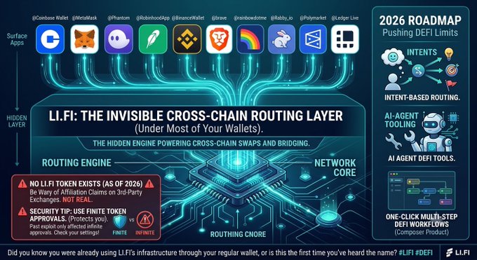 A promotional graphic for LI.FI titled 'THE INVISIBLE CROSS-CHAIN ROUTING LAYER (Under Most of Your Wallets)' showing Surface Apps like @Coinbase Wallet and @MetaMask, with a 2026 Roadmap highlighting Intent-Based Routing and AI Agent DeFi Tools, and warnings about no LI.FI token existing.