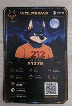 A 'WOLFSWAP' NFT card #1278 showing a wolf character wearing an orange shirt with '212', valued at 212short, with backgrounds Mountains and Zodiac Blue, and total stats #3951.