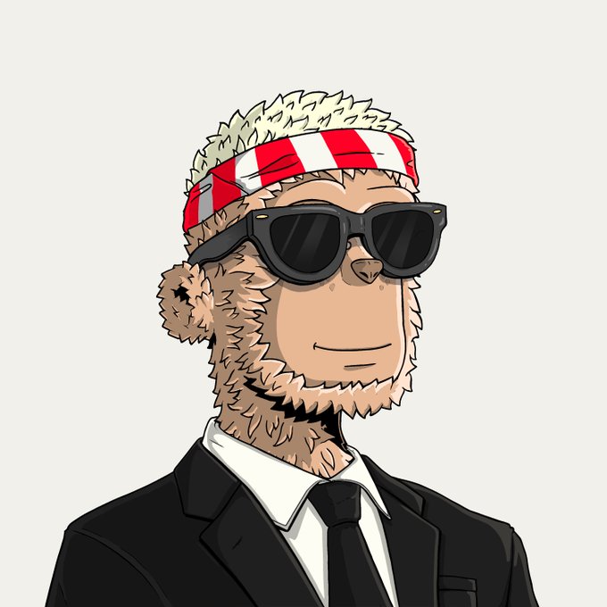Digital illustration of a bear character dressed in a black suit and tie, wearing dark sunglasses and a red and white striped headband.