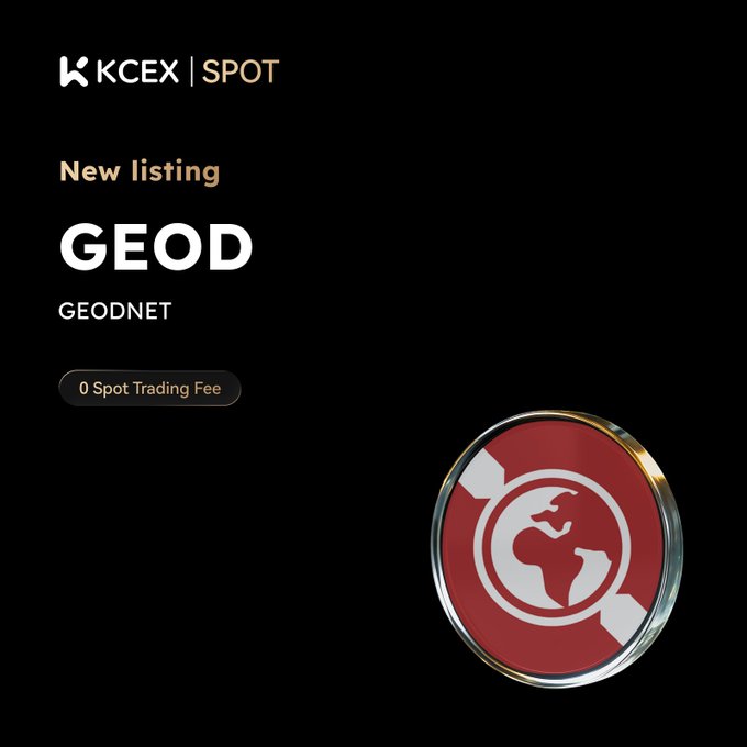 A promotional graphic from KCEX announcing a new spot listing for GEOD (GEODNET), offering 0 spot trading fee alongside a red circular token logo.