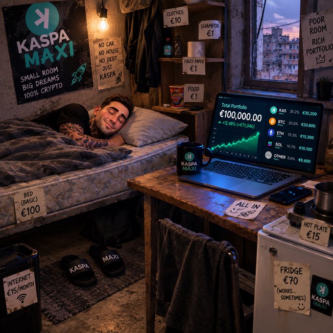 A humorous mock-up of a 'Kaspa Maxi' cryptocurrency lifestyle ad, showing a tattooed man sleeping in a small room with prices listed for items like bed (€100), internet (€15/month), and hot plate (€15), while a laptop displays a portfolio worth €100,000.00.