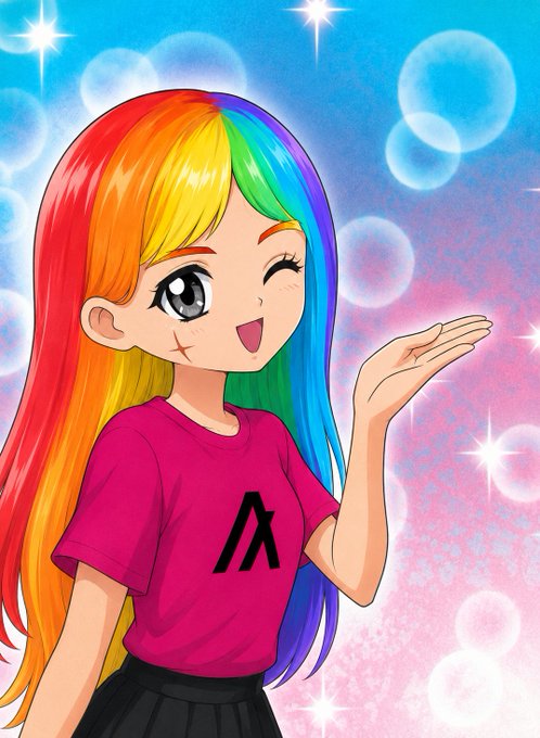 Anime-style drawing of a winking girl with rainbow-colored hair wearing a pink shirt with an 'A' logo, blowing a kiss with sparkles and bubbles in the background.