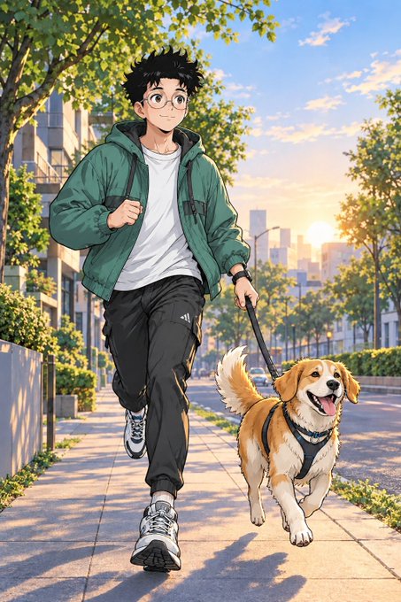 An anime-style illustration shows a young man with glasses, wearing a green jacket and black pants, running while walking his golden retriever dog on a sunny city street.