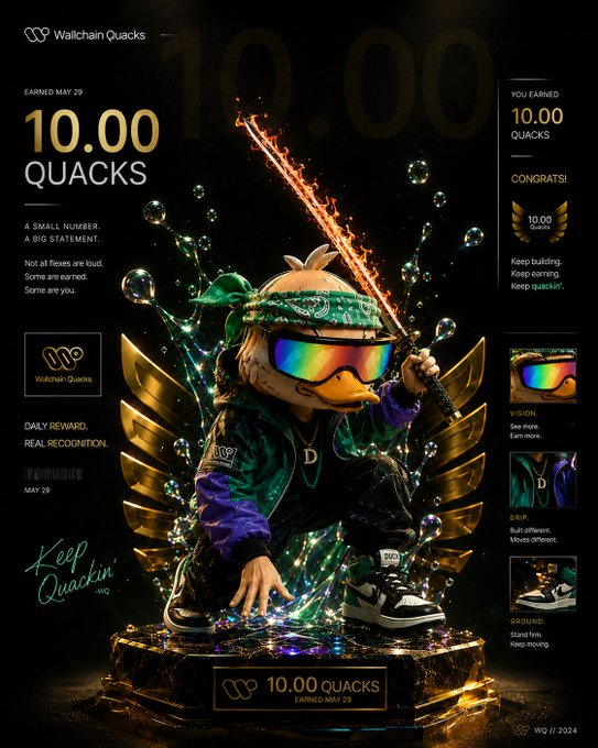 The image features an advertisement for a quirky toy designed by a company called Wallchain Quacks. The toy is a small dinosaur figure dressed up as a knight, complete with armor and holding a sword aloft. It's situated on a pedestal and surrounded by bubbles, giving it an air of grandeur. The post also mentions that there are a total of 10,000 Quacks in circulation, emphasizing the uniqueness of this quirky toy.