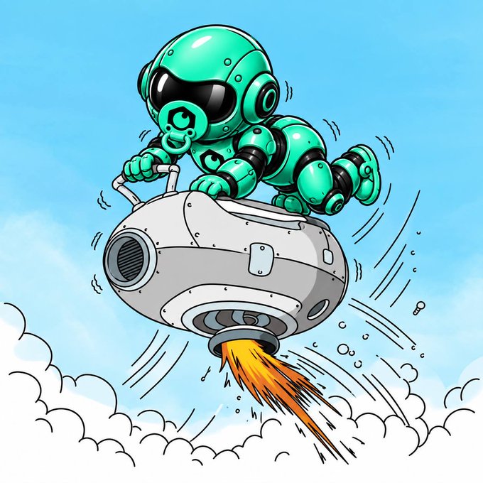 A cartoon illustration of a teal robot wearing sunglasses riding a rocket through a cloudy sky, with flames shooting out of the rocket's exhaust.