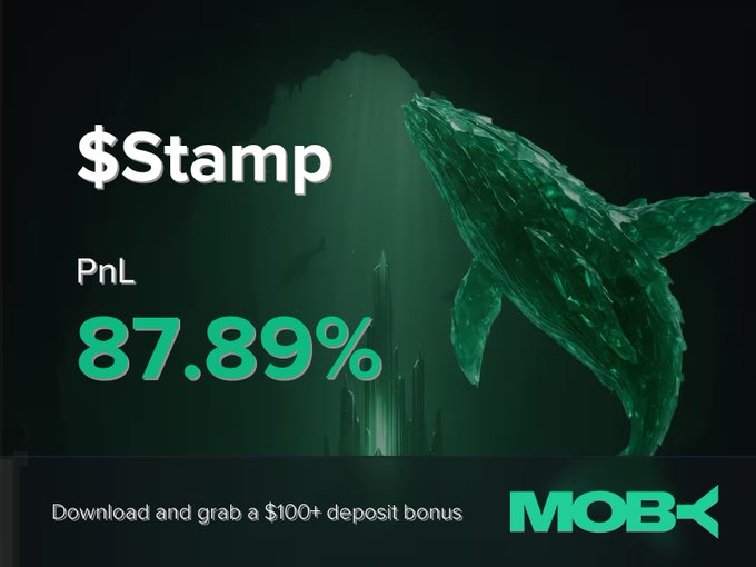 A promotional graphic for $Stamp featuring a green whale in underwater scenery, highlighting a PnL of +87.89% and a call to download Moby Mobile for a $100+ deposit bonus. The image visually reinforces the win alert about a trader closing a profitable position on the trending token $Stamp.