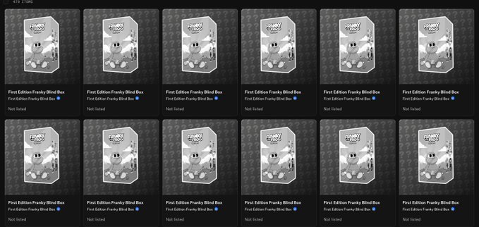 A dark-themed NFT marketplace page showing a grid of 12 identical 'First Edition Franky Blind Box' listings, all marked as 'Not listed'.