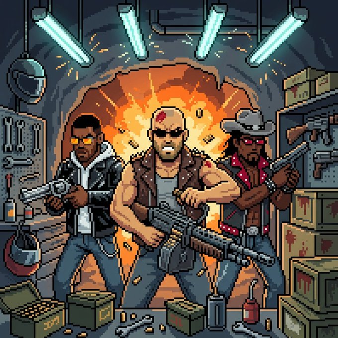 Pixel art of three armed characters emerging from an explosion in an armory, with one wearing a cowboy hat and another holding a large rifle amid scattered ammo boxes and tools.