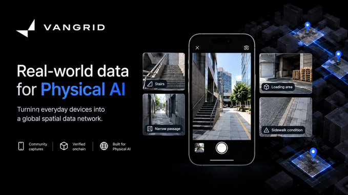 A Vangrid promotional graphic with the headline 'Real-world data for Physical AI' shows a smartphone capturing images of urban environments labeled with features like stairs, loading areas, and sidewalks.