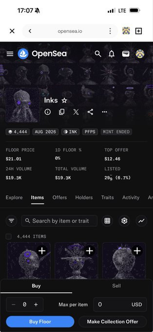 A mobile screenshot of the OpenSea NFT marketplace showing the 'Inks' collection with a floor price of $21.01, 4,444 items, and various digital artwork listings.