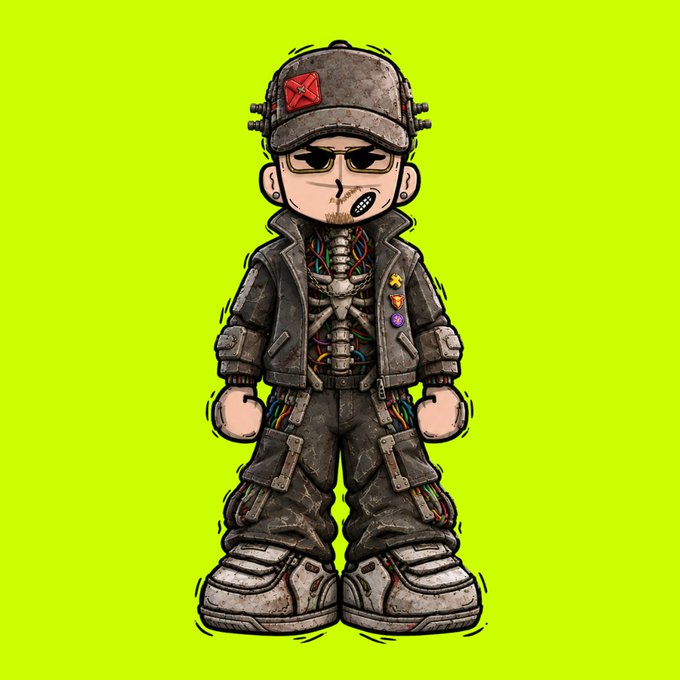 A cartoon illustration of a cyberpunk-styled character with a cybernetic body, sunglasses, and an 'X' cap, standing against a bright green background.