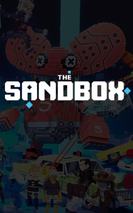 Promotional artwork for 'The Sandbox' featuring a large, red, blocky mechanical crab over a scene of pixelated characters and vehicles.