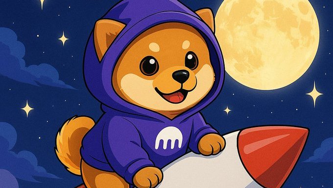 A cartoon illustration of a smiling dog wearing a purple hoodie riding a rocket against a starry night sky with a large full moon.