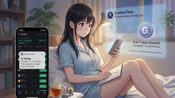 An anime-style illustration of a girl on her bed using her phone, with overlaid UI elements showing crypto portfolio (+69.306655 ETH), Airdrop notifications, and AetherFlow Governance Protocol.