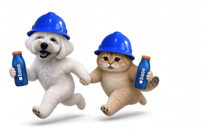 An AI-generated image of a white dog and orange cat wearing blue hard hats, both holding blue 'base' branded bottles while holding hands and running against a white background.
