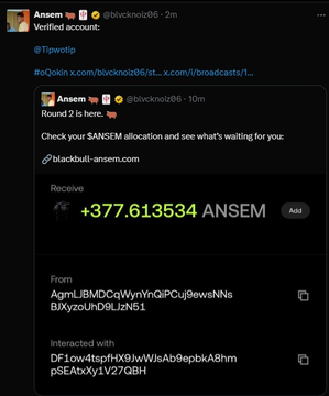 A screenshot of a verified Twitter account (@blacknol06) replying to @Tipwotip with an embedded tweet showing a verified user receiving a transaction of +377.613534 ANSEM tokens via blackbull-ansem.com, including an Ethereum transaction hash.